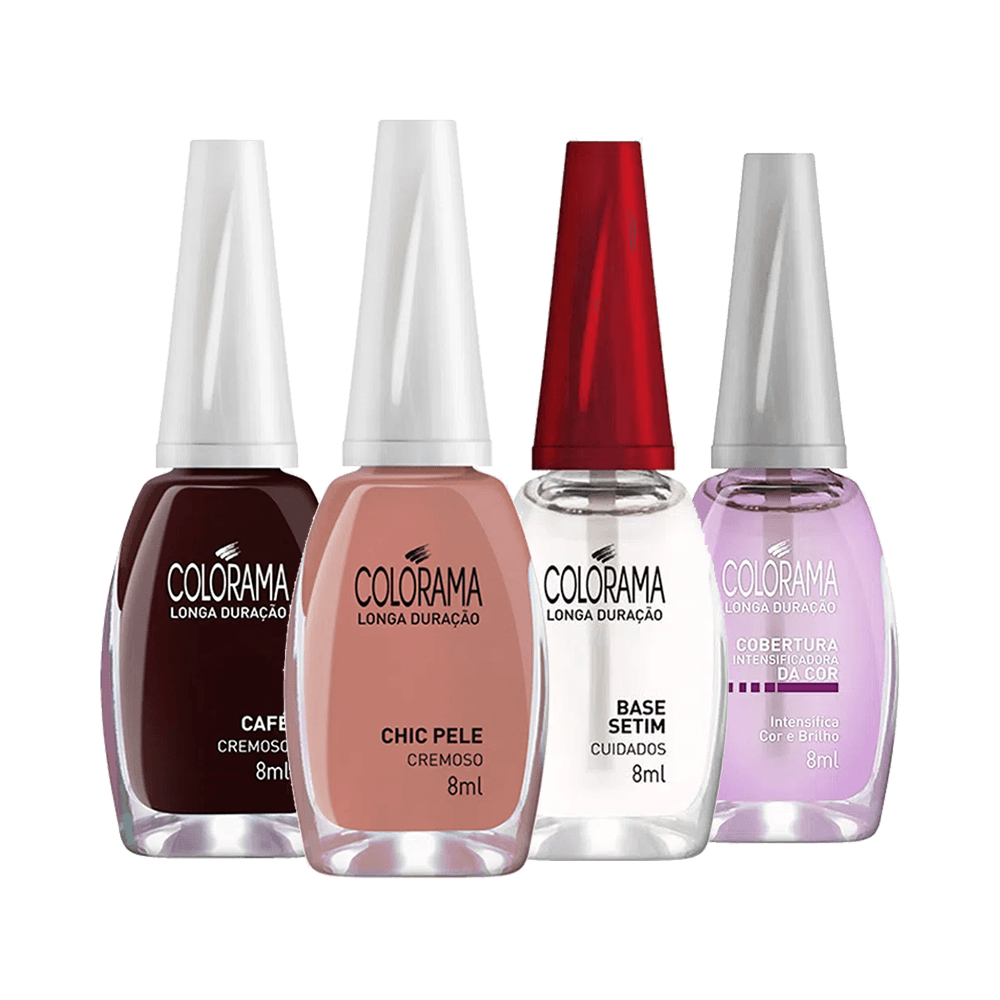 Kit Esmaltes Colorama Cuidados Tons Nudes com quatro frascos sobre fundo branco