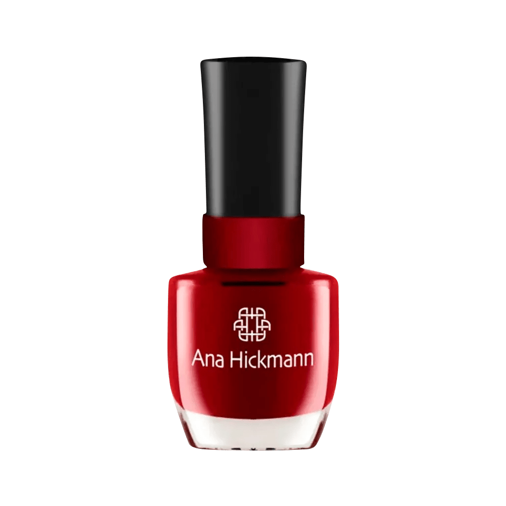 Frasco de esmalte Ana Hickmann vermelho Além da Rebeldia, vidro transparente com tampa preta