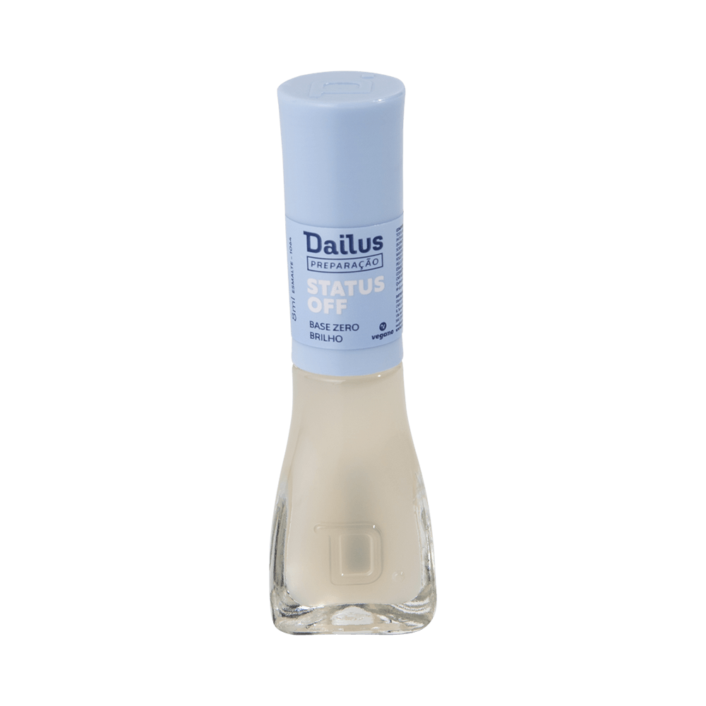 Base Zero Brilho Dailus Status Off frasco de vidro com tampa azul clara
