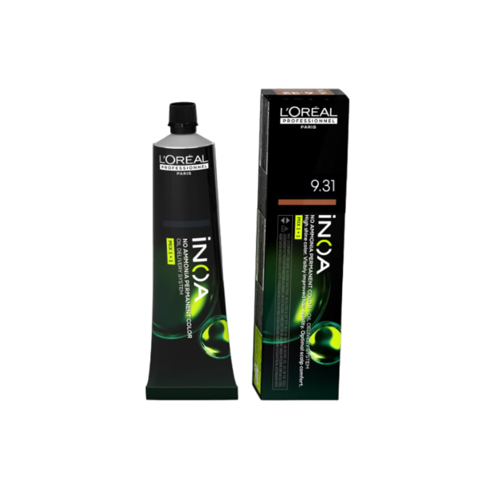 Embalagem e tubo da coloração L'Oréal Professionnel Inoa 9.31 Louro Muito Claro Bege Dourado 60g
