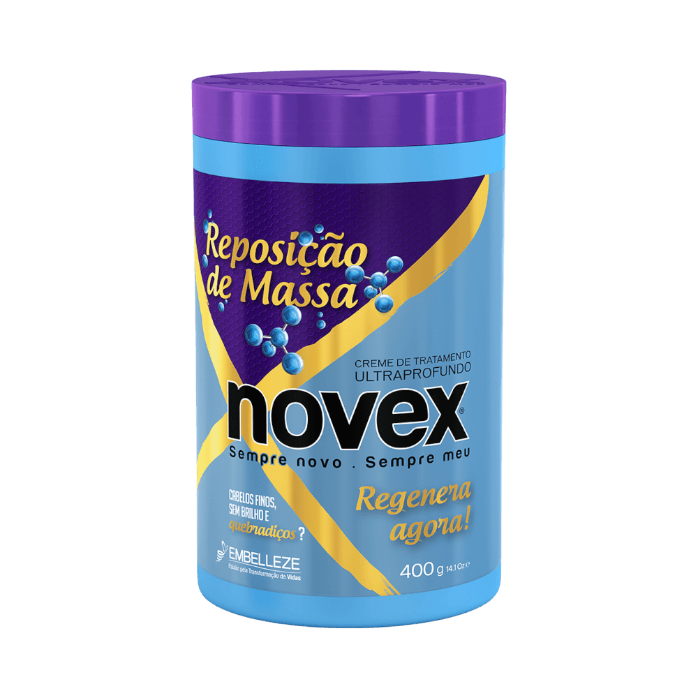 Creme de Tratamento Novex Reposição de Massa 400g - pote azul claro com tampa roxa