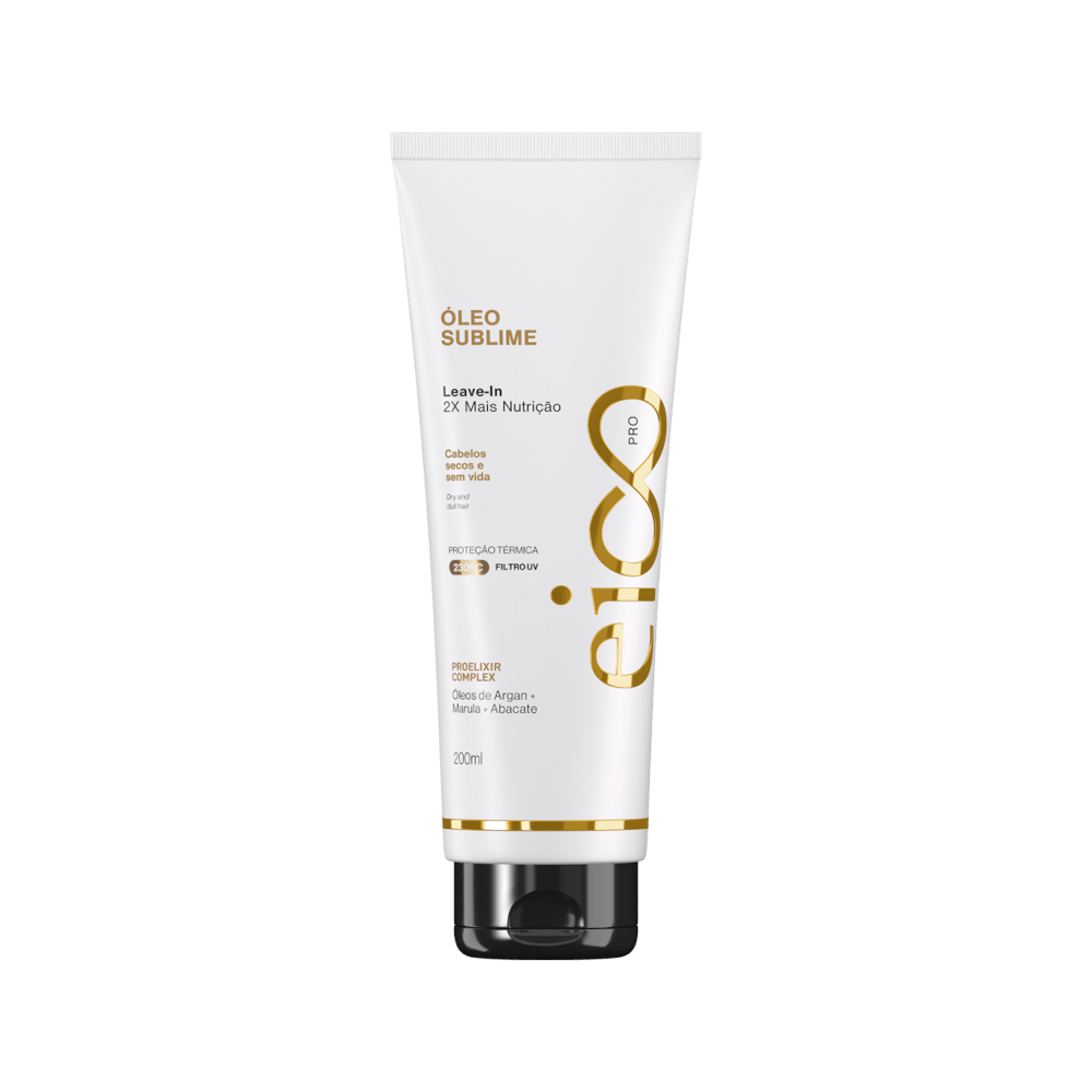 Leave-in Eico Professional Óleo Sublime 200ml em bisnaga branca com detalhes dourados