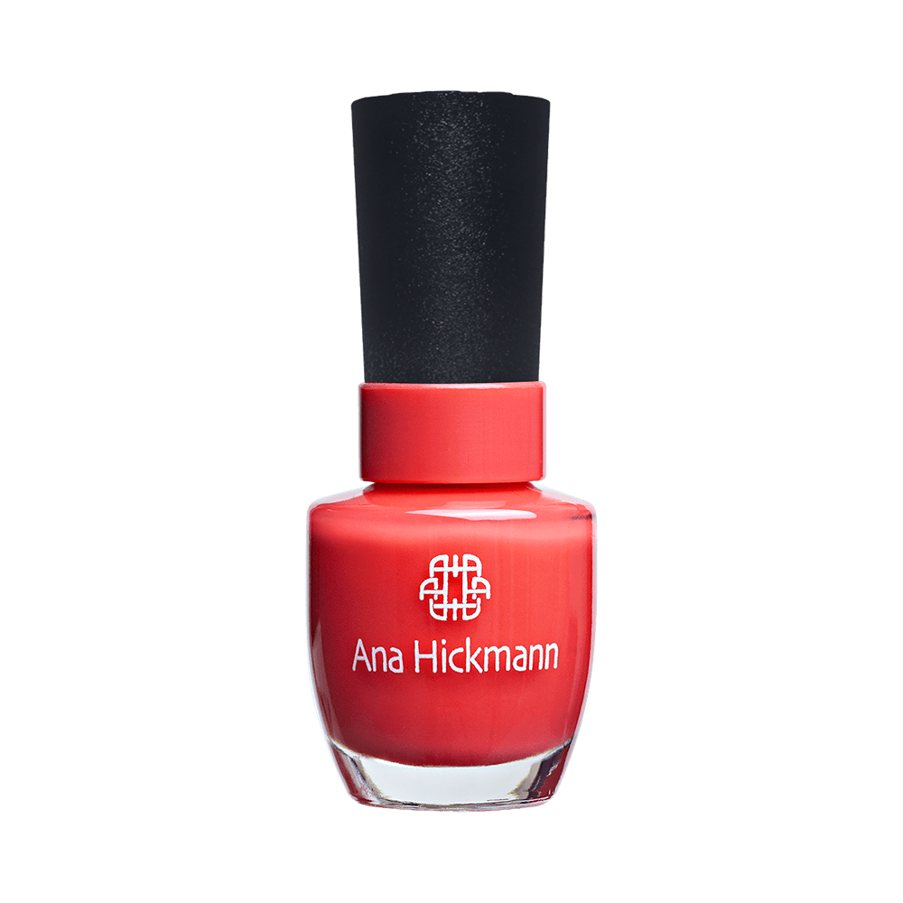 Esmalte Ana Hickmann Peach frasco com tampa preta e corpo de vidro transparente mostrando a cor pêssego