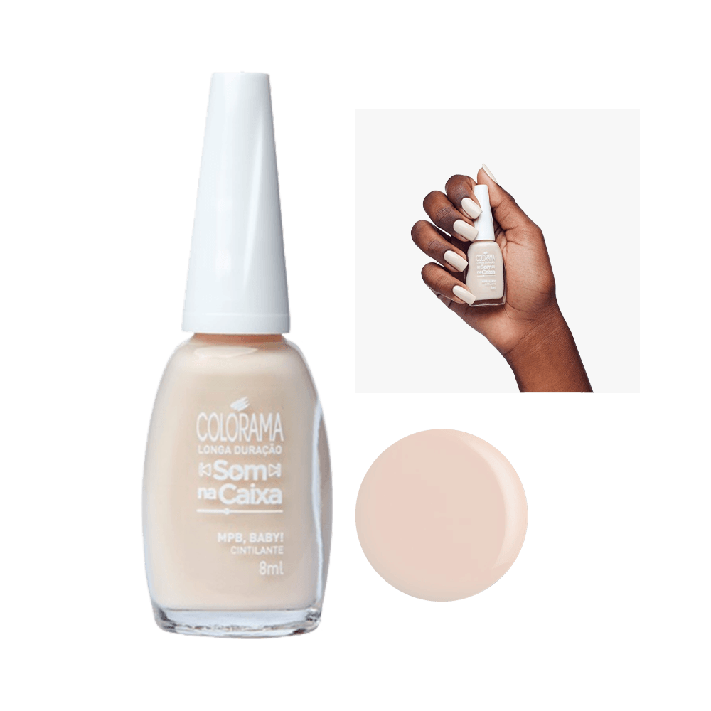 Esmalte Colorama Som Na Caixa MPB Baby 8ml sendo segurado por uma mão, mostra cor e frasco