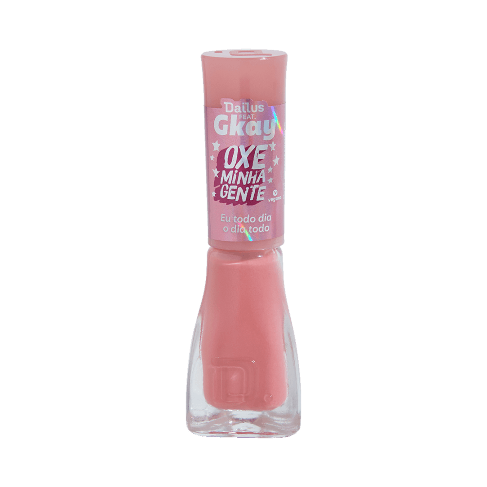 Frasco de esmalte Dailus rosa cremoso com rótulo holográfico e selo vegano