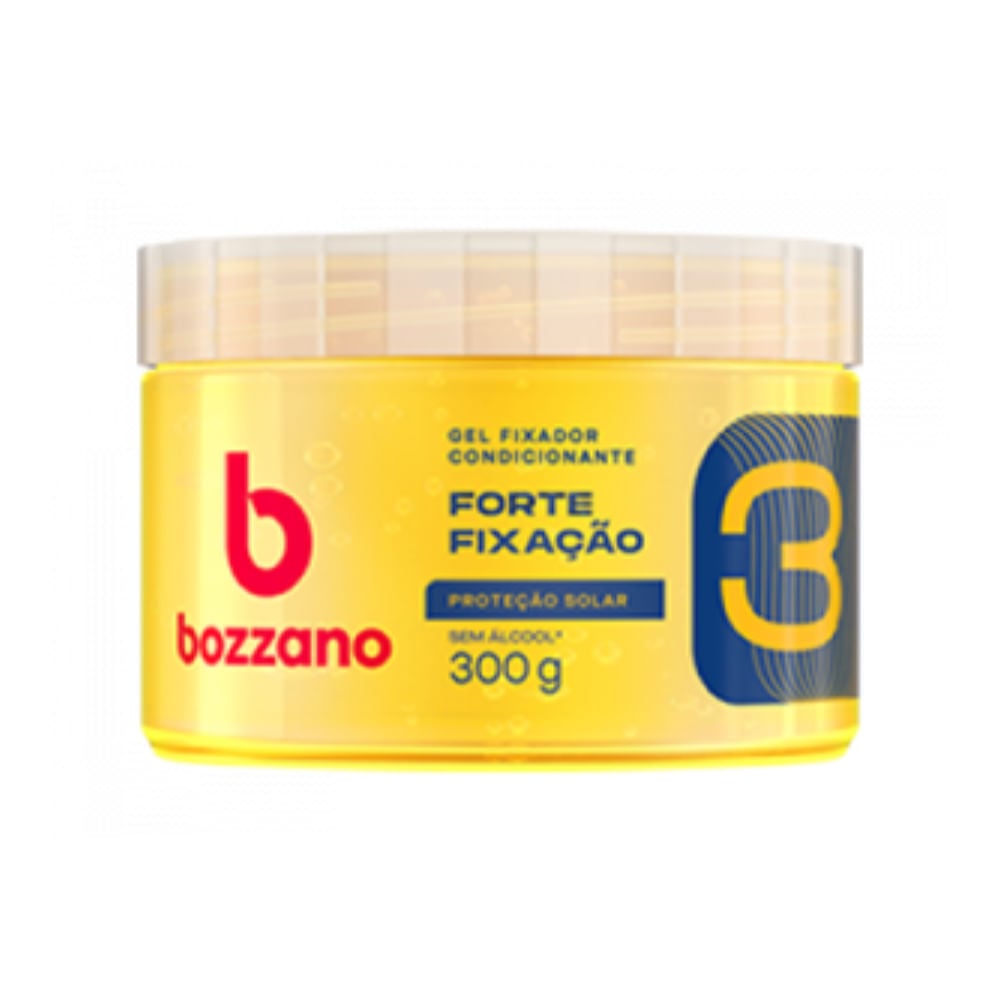 Pote amarelo do Gel Capilar Bozzano Proteção Solar Fator 3 300g, rótulo com destaque para fixação forte e sem álcool