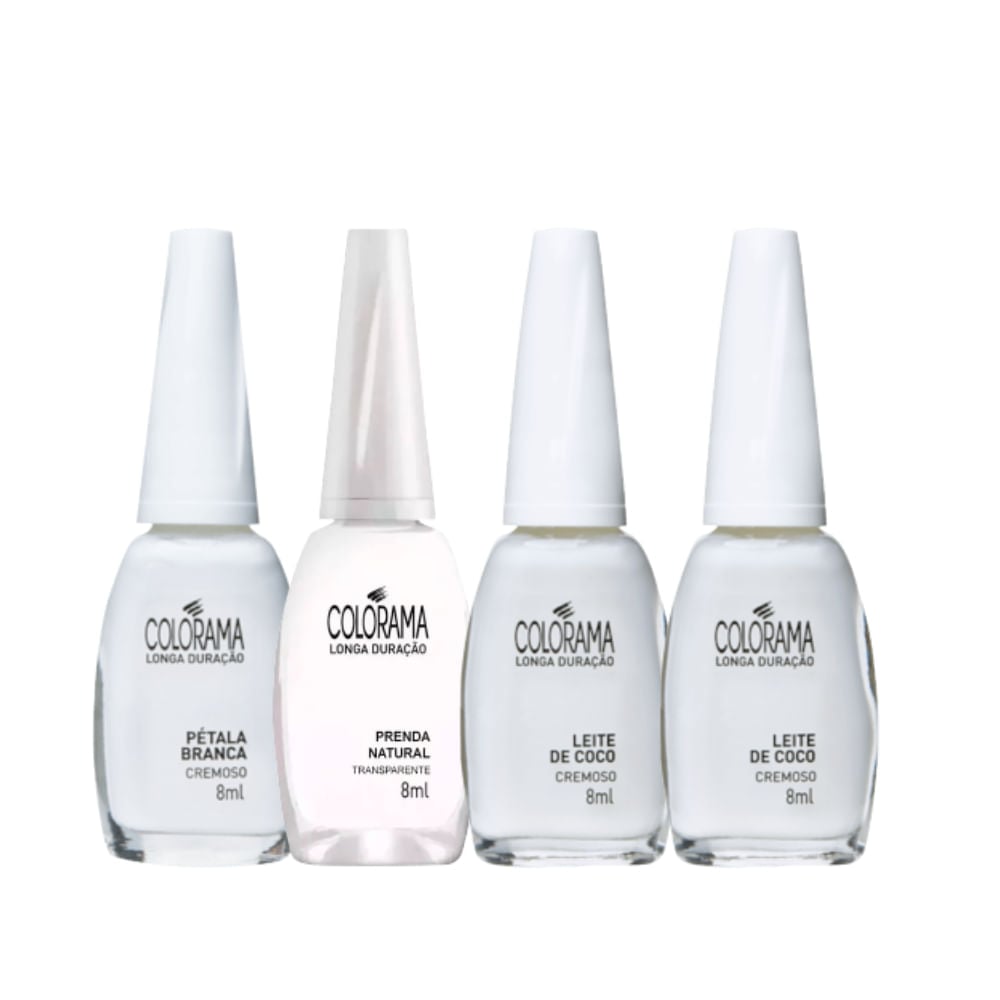 Kit com quatro esmaltes Colorama cremosos em tons claros, frascos de 8ml com tampa branca