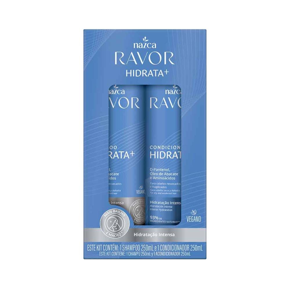 Kit Shampoo + Condicionador Nazca Ravor Hidrata+, embalagens azuis com 250ml cada, ideal para hidratação intensa de cabelos ressecados
