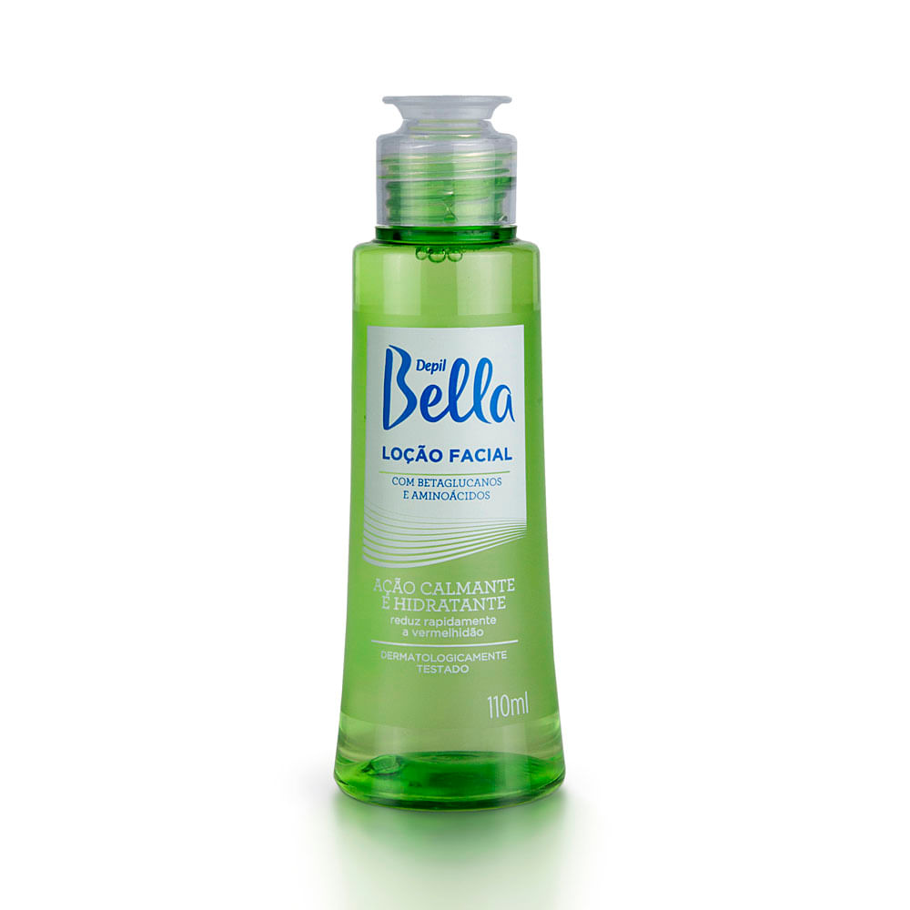 Loção Facial Depil Bella Calmante 110ml em frasco verde translúcido com tampa dosadora