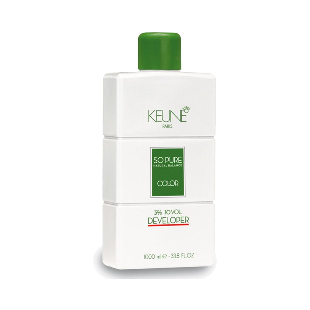 Frasco Keune Developer So Pure 1000ml 3% com design branco e detalhes em verde