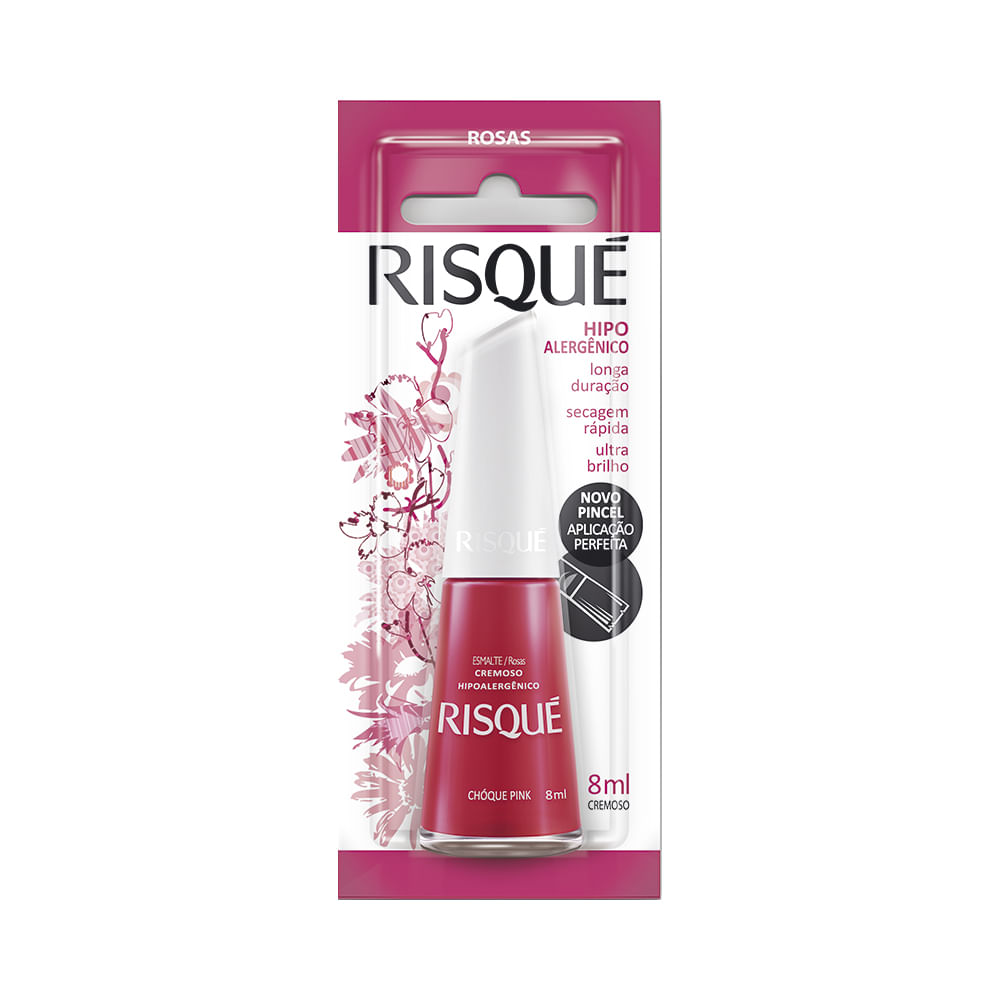 Esmalte Risqué Choque Pink em blister com destaque aos benefícios