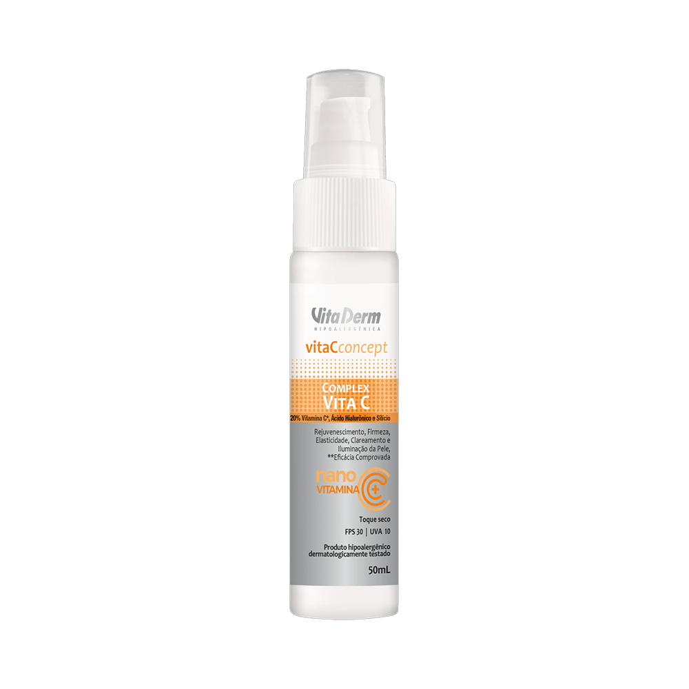 Frasco branco do Sérum Facial Vita Derm Complex Vitamina C 50ml, rótulo com 20% Vitamina C e Ácido Hialurônico