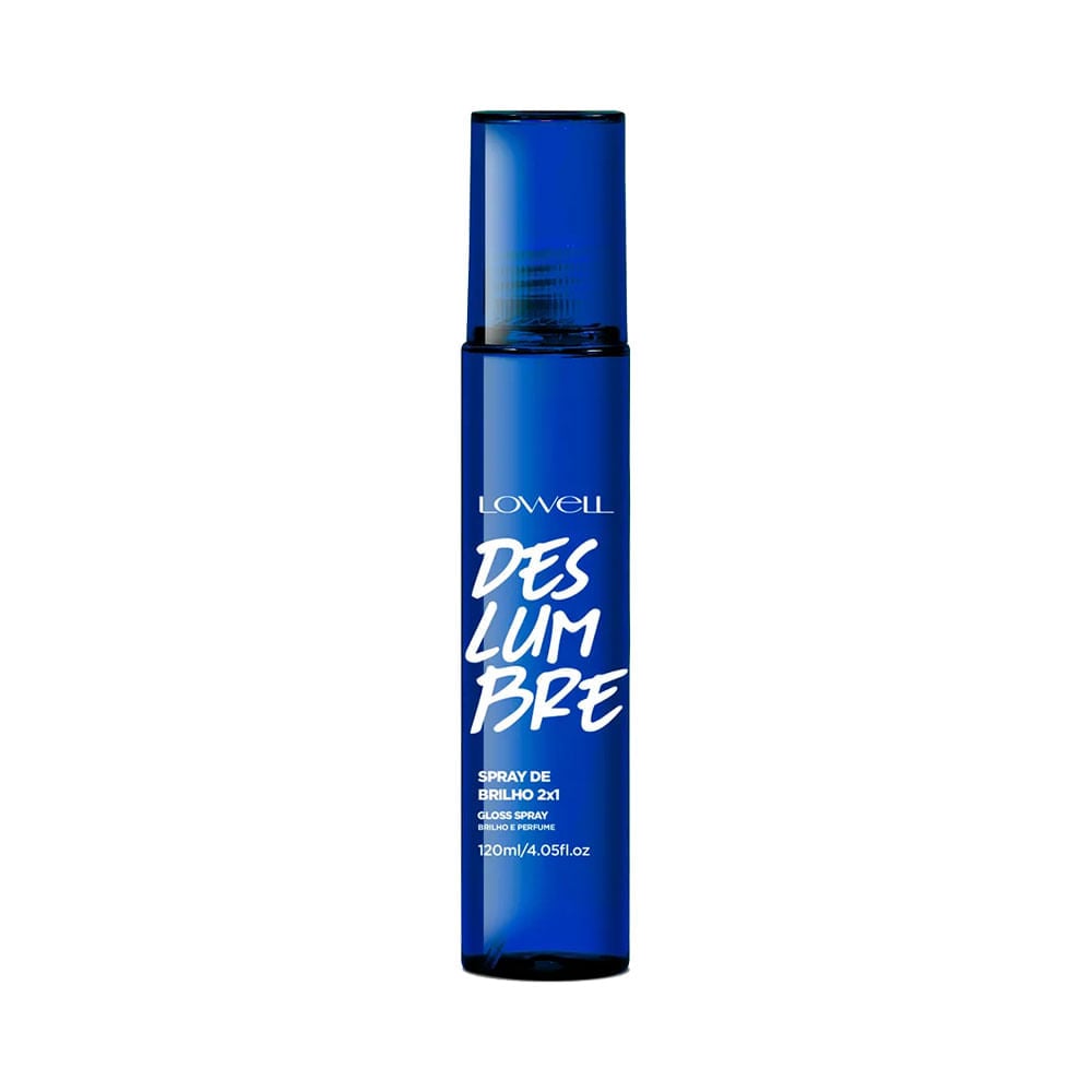 Frasco azul translúcido do Spray de Brilho Lowell 2x1 Deslumbre 120ml