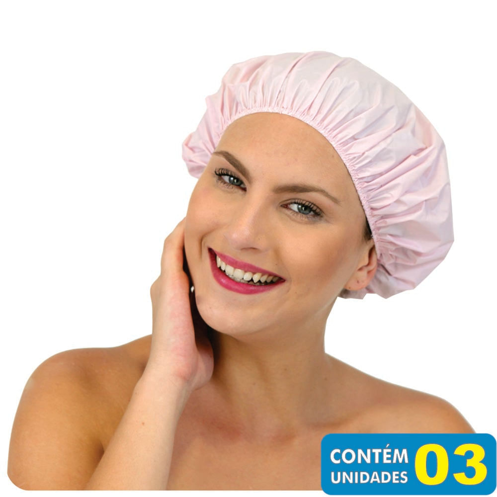 Touca de banho La-Sure rosa claro em PVC com elástico na borda, pacote com 3 unidades