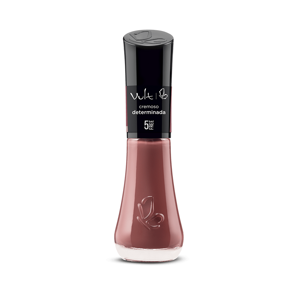 Frasco do Esmalte Vult Cremoso 5Free Determinada em fundo branco mostrando cor marrom rosado e pincel