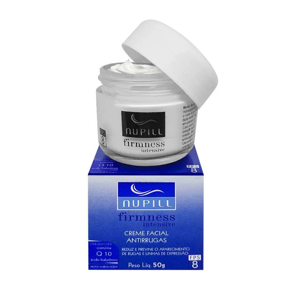 Pote do creme Nupill Q10 com tampa branca e caixa azul em degradê