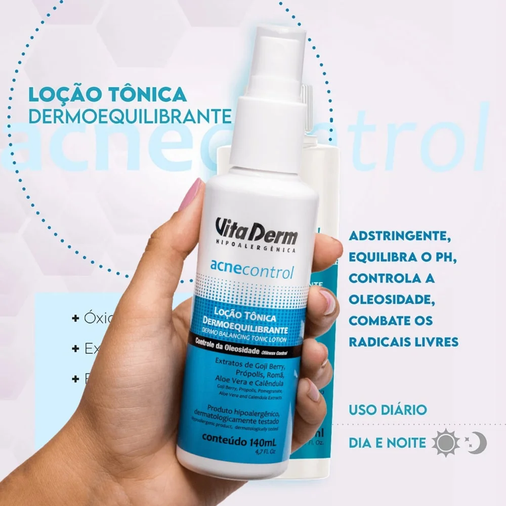 Detalhe do rótulo e ingredientes da Loção Tônica Dermoequilibrante Vita Derm