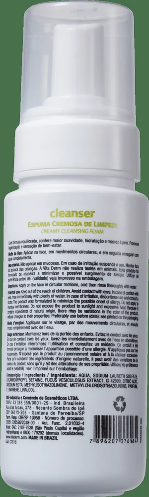 Frasco da Espuma Cremosa de Limpeza Vita Derm mostrado de costas com rótulo