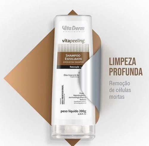Frasco branco do Shampoo Vita Derm Esfoliante 200ml, destaque para limpeza profunda e própolis