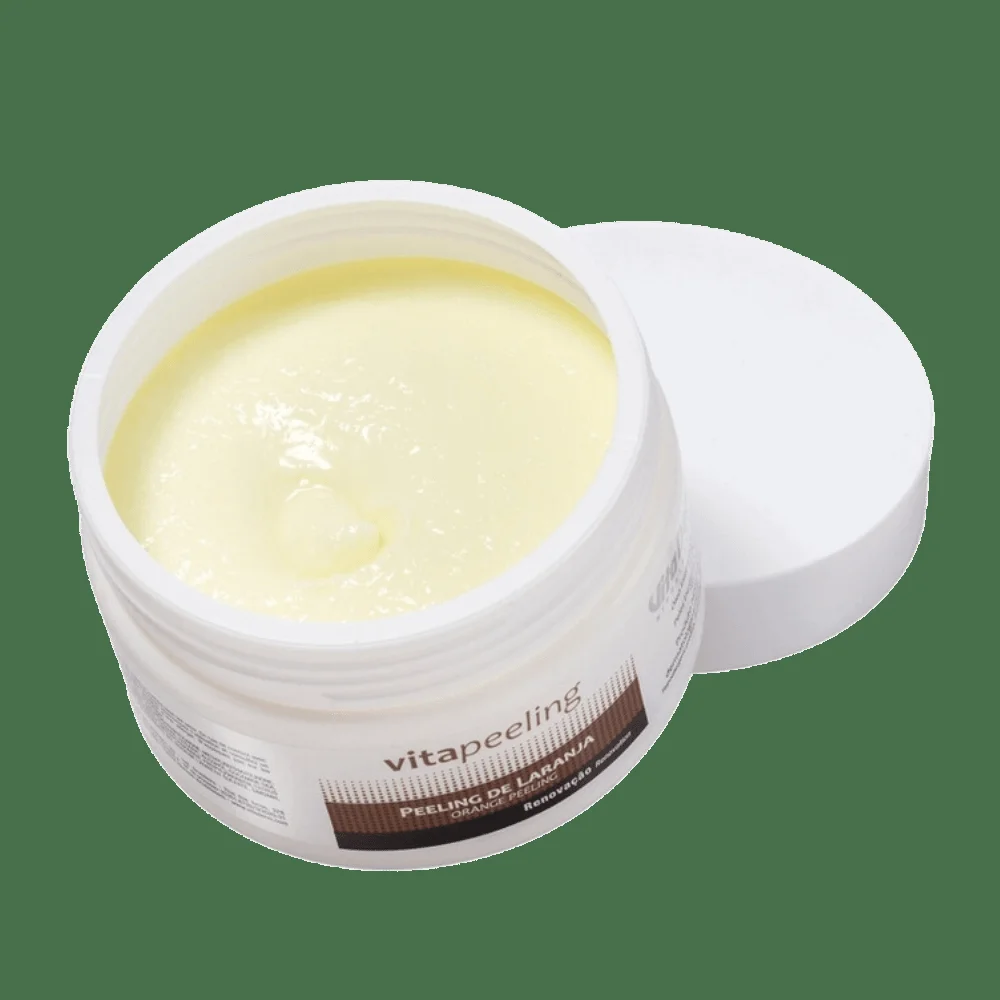 Pote aberto do Peeling de Laranja mostrando a textura cremosa amarelo claro