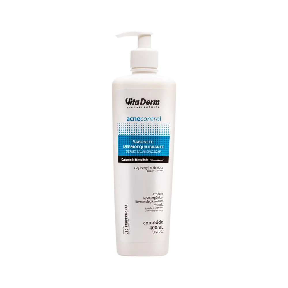 Detalhe do frasco branco com válvula pump do Sabonete Dermoequilibrante Vita Derm 400ml