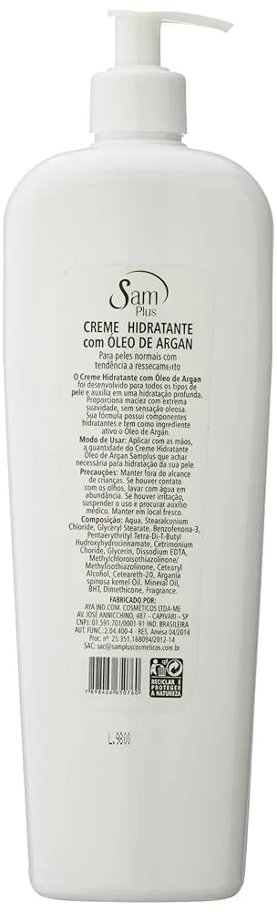 Parte traseira do frasco Samplus Argan 1000ml com instruções e composição