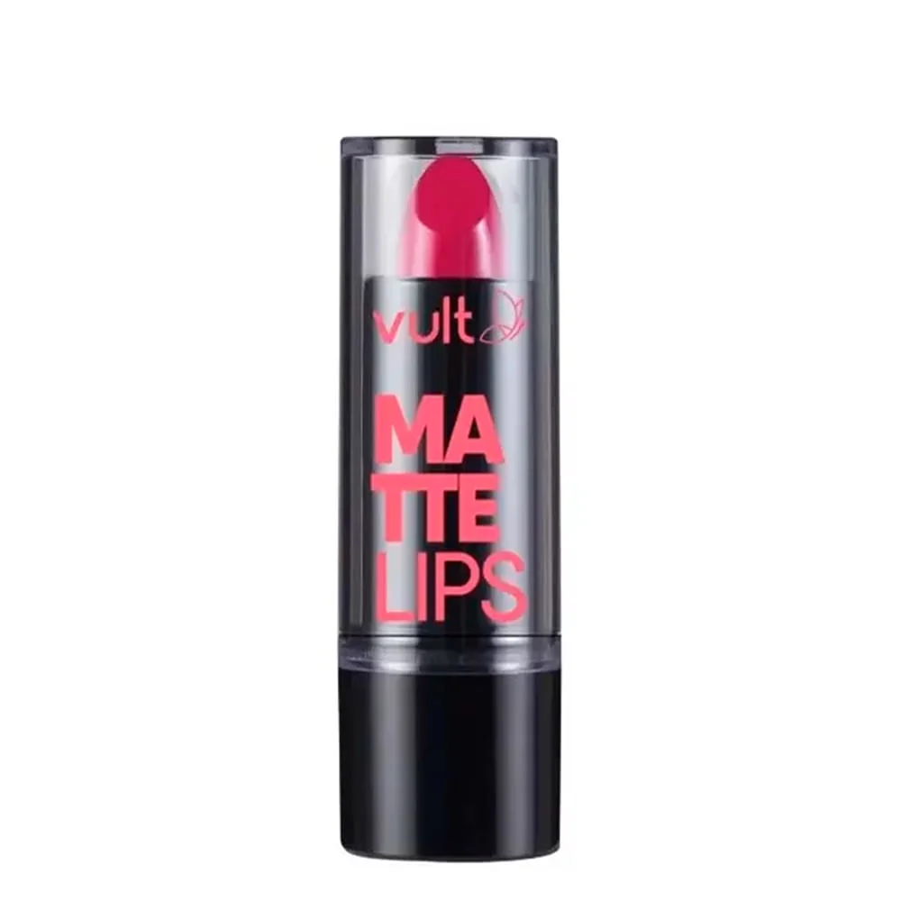 Batom Matte Vult Lips Rosa Fucsia fechado em embalagem preta com tampa transparente