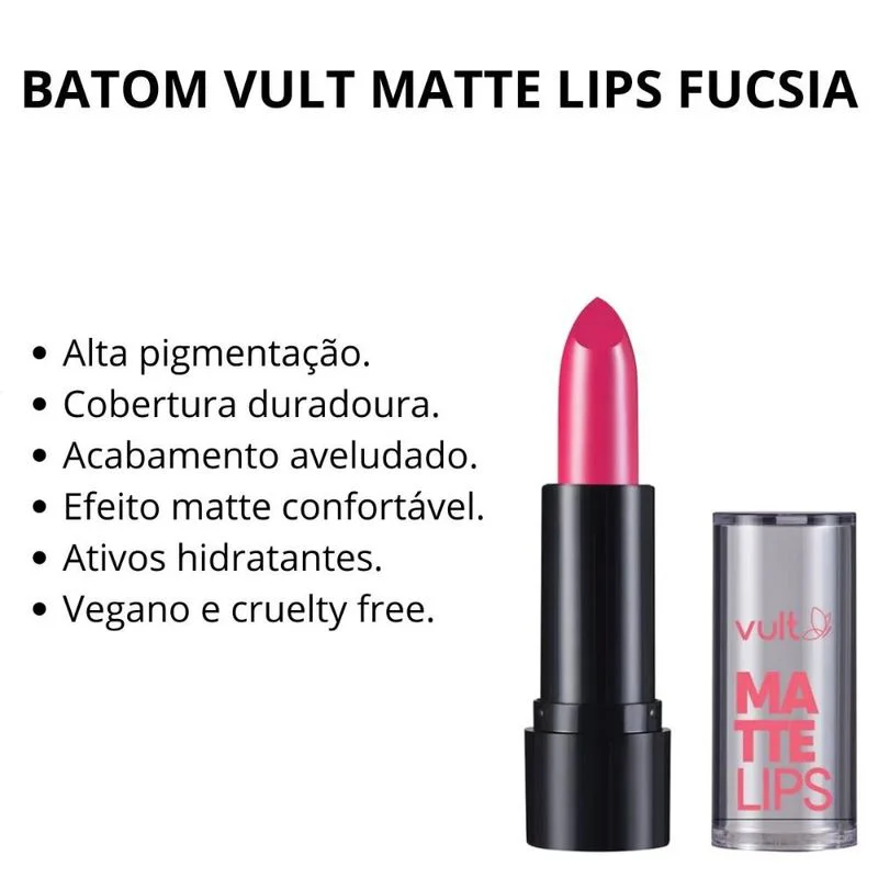 Batom Matte Vult Lips Rosa Fucsia com descrição de benefícios ao lado