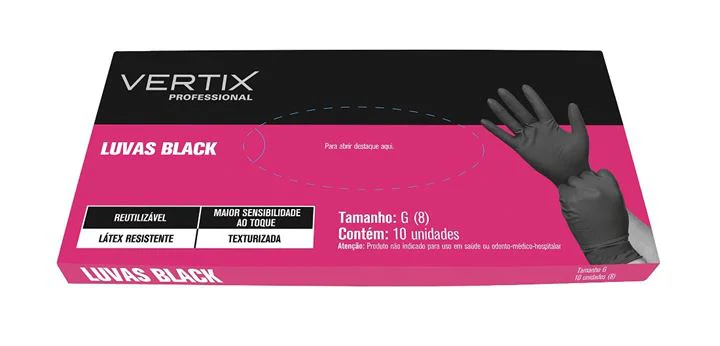 Caixa Luva Vertix Black G 10 Unidades com mão usando luva preta