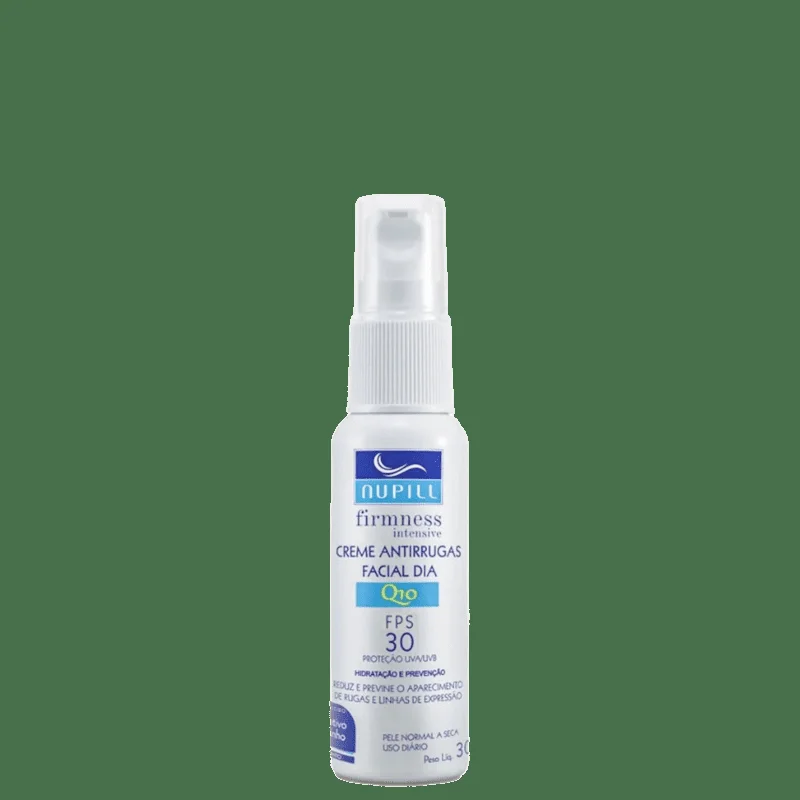Creme Anti Rugas Nupill Q10 FPS30 30g - embalagem pump branca com detalhes azuis
