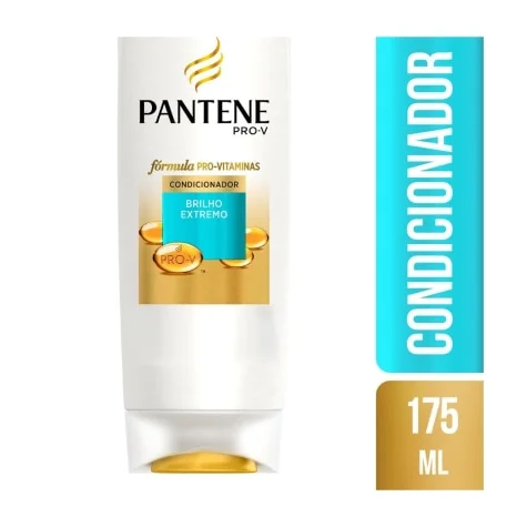 Condicionador Pantene Pro-V Brilho Extremo 175ml em embalagem branca com detalhes dourados