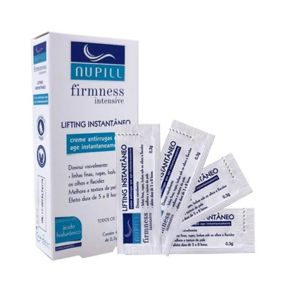 Caixa e sachês do Creme Nupill Antirrugas Lifting com destaque para ácido hialurônico