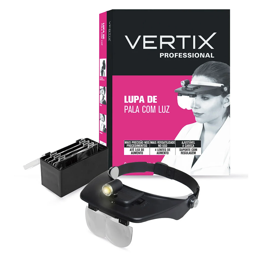 Embalagem da Lupa de Pala Vertix mostrando as 4 lentes e especificações
