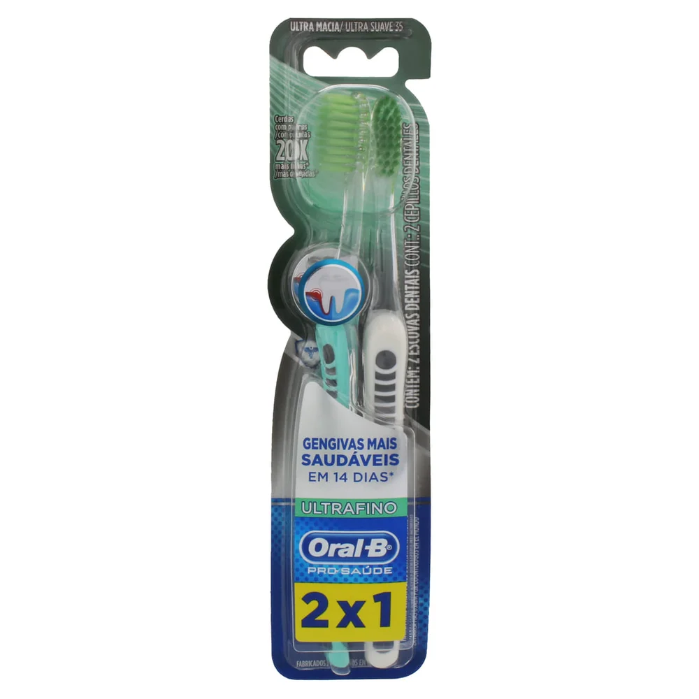 Pacote com duas escovas Oral-B Ultra Fina mostrando detalhes da embalagem