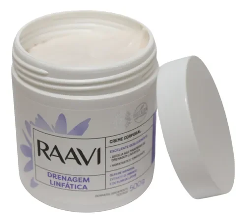 Creme Corporal Raavi Drenagem Linfática 500g em pote branco com detalhes lilás