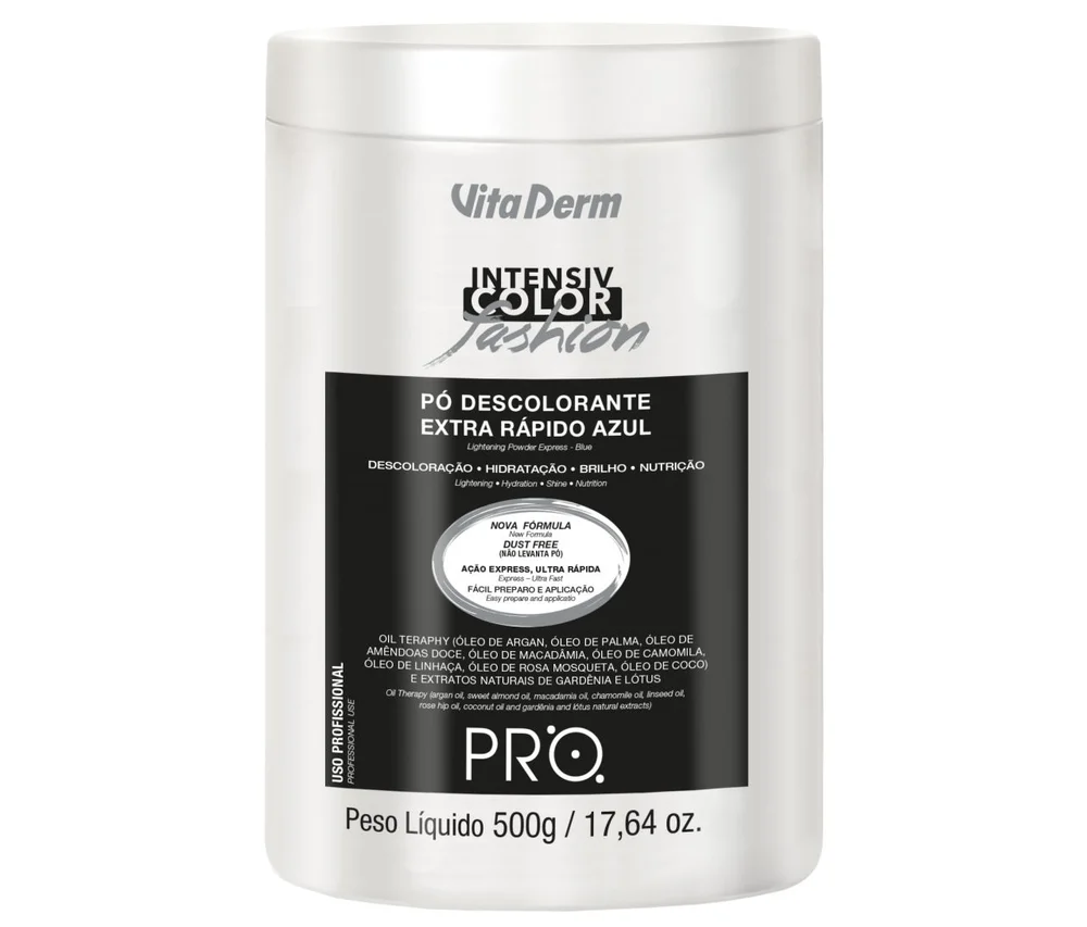 Descolorante Vita Derm Extra Rápido 500g - embalagem branca e azul, pó descolorante Dust Free