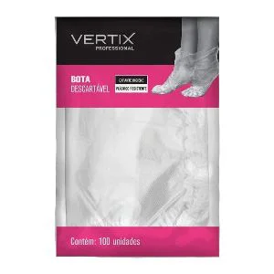 Embalagem e detalhes da Bota Descartável Vertix 100 unidades