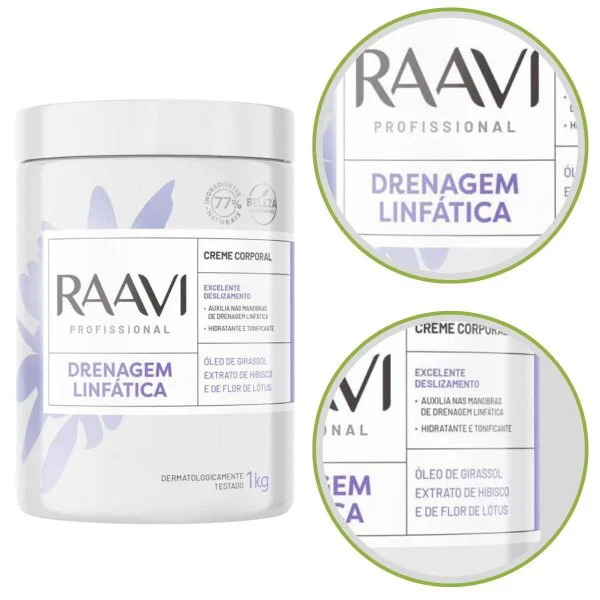 Close-up do rótulo do Creme Corporal Raavi mostrando ingredientes e benefícios