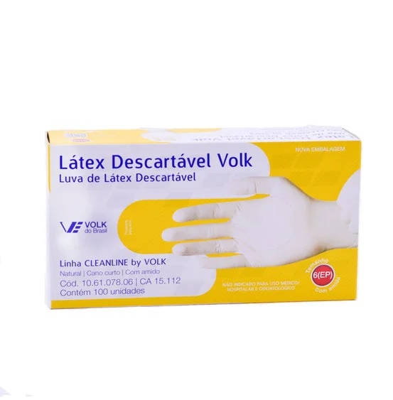 Caixa do produto Látex Descartável Volk com luva ao lado