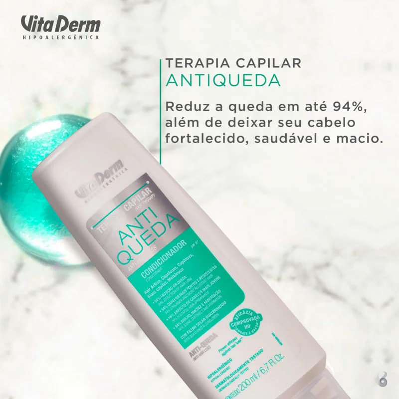 Frasco do Condicionador Vita Derm Anti Queda 200ml - rótulo verde e branco