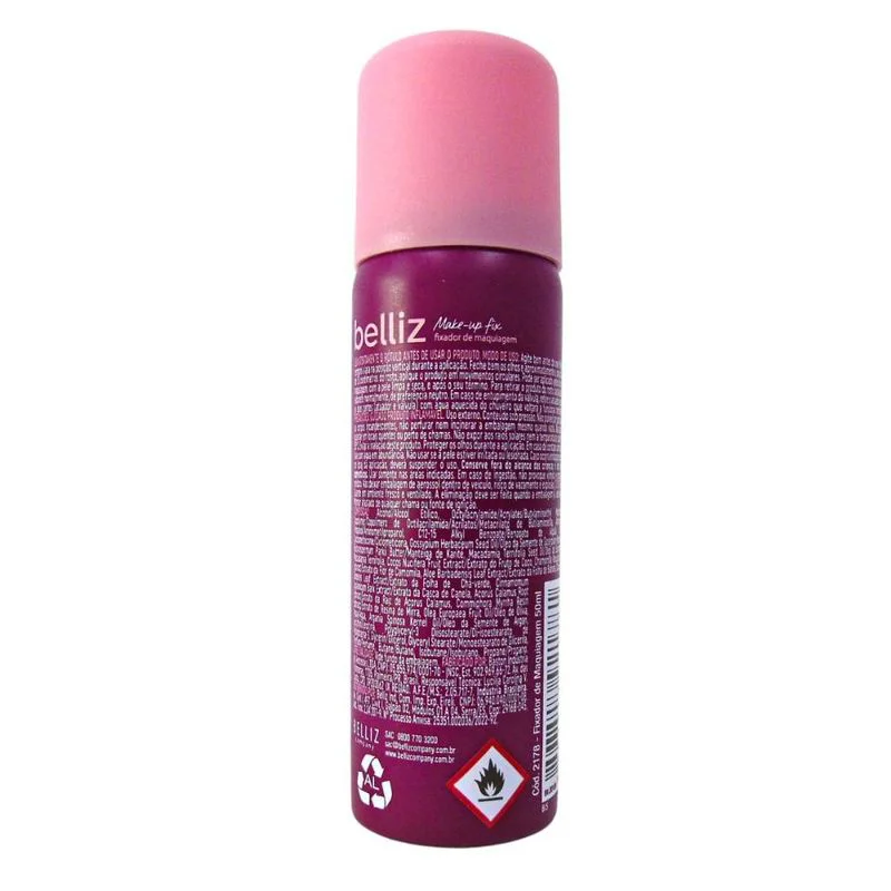 Verso do fixador Belliz Make-Up 50ml mostrando ingredientes e modo de uso