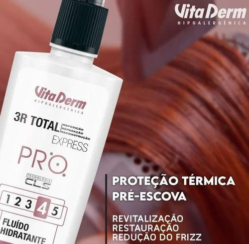 Close do frasco branco do Fluído Hidratante Capilar 3R Total Express Vita Derm com foco no rótulo