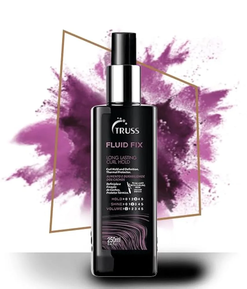 Frasco do Leave-in Spray Fluid Fix Truss 250ml sobre fundo branco com detalhes da embalagem