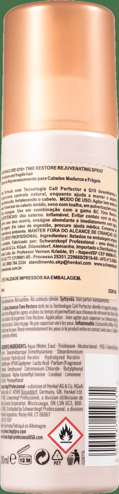 Condicionador Spray BC Bonacure Q10+ Time Restore 200ml - verso do frasco com rótulo e tampa laranja
