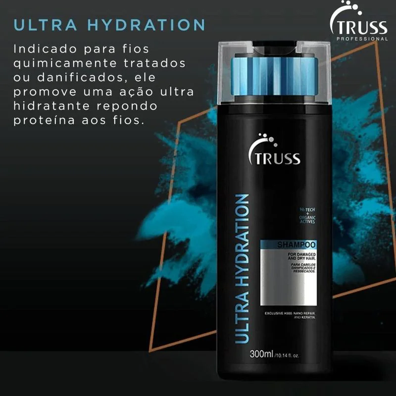 Shampoo Truss Ultra Hydration 300ml em embalagem preta com detalhes azul claro