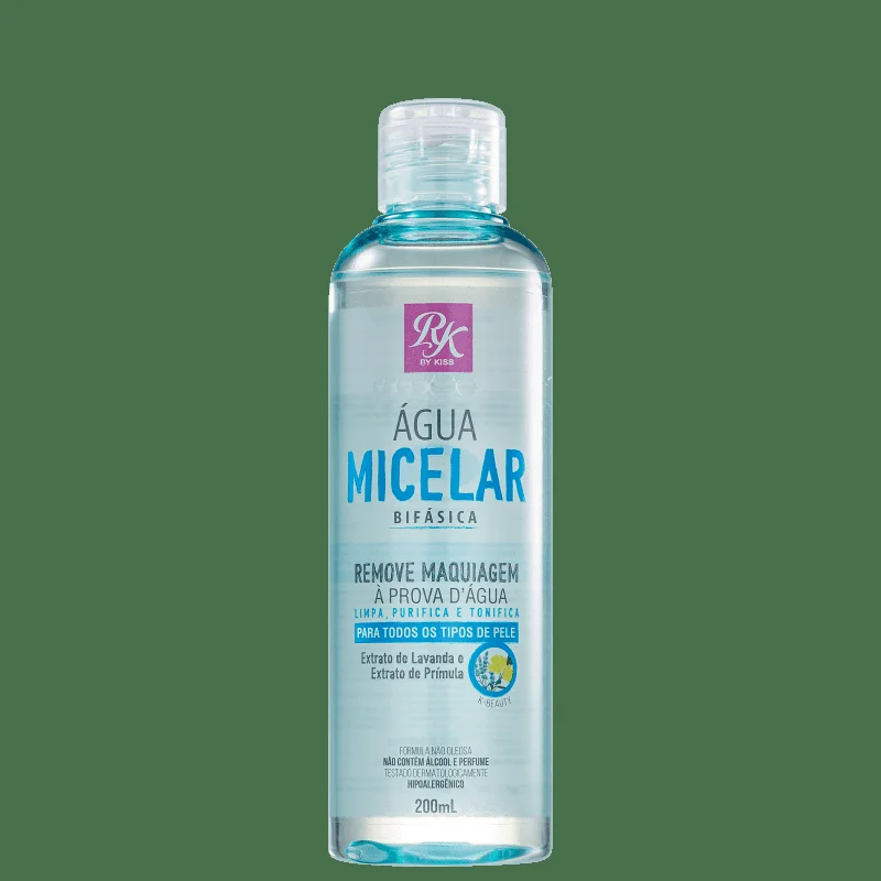 Detalhe do rótulo da Água Micelar RK Bifásica destacando ingredientes e indicações