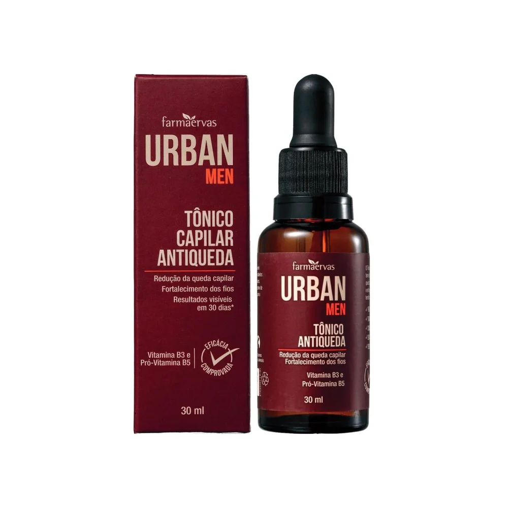 Embalagem e frasco do Tônico Capilar Antiqueda Urban Men Farmaervas