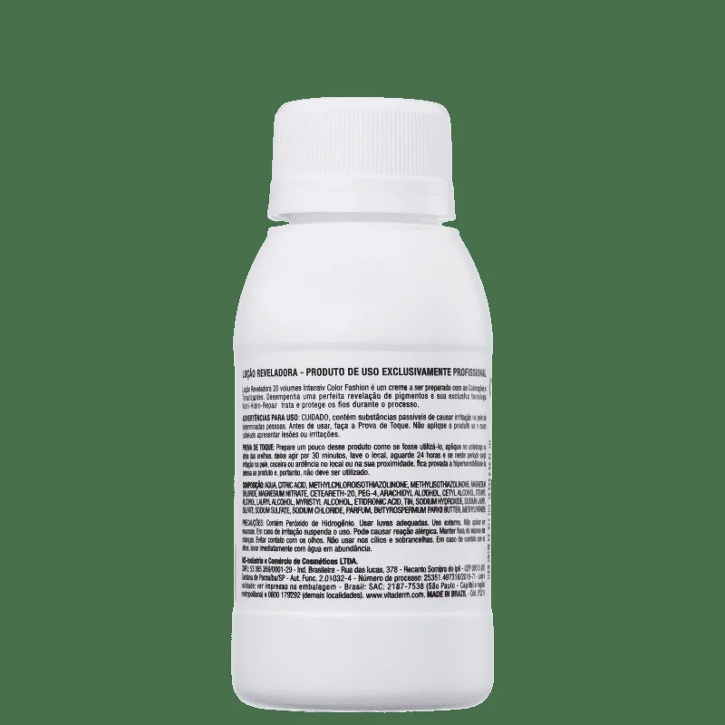 Frasco branco da Loção Reveladora Intensiv Color Vita Derm 20 Volumes 90ml, vista traseira com rótulo informativo