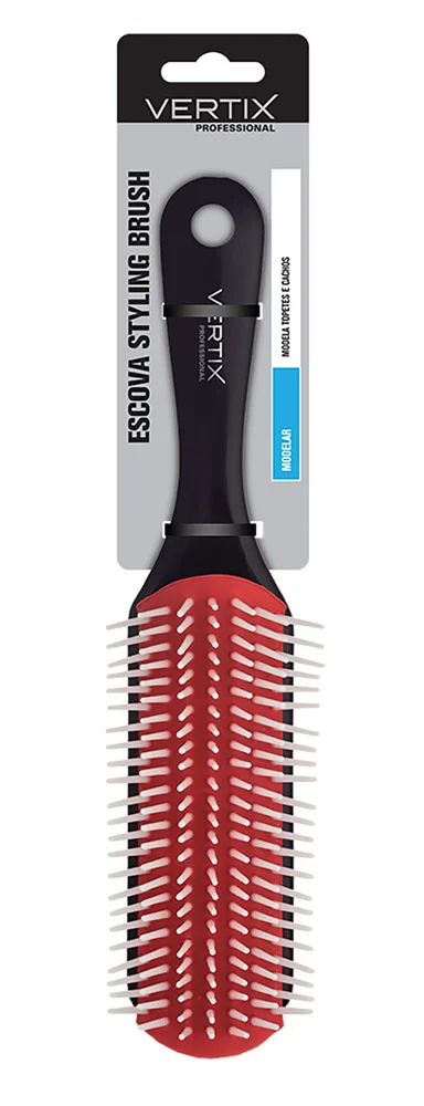 Escova Vertix Styling Brush embalada com destaque para base removível e selo 'Modelar'