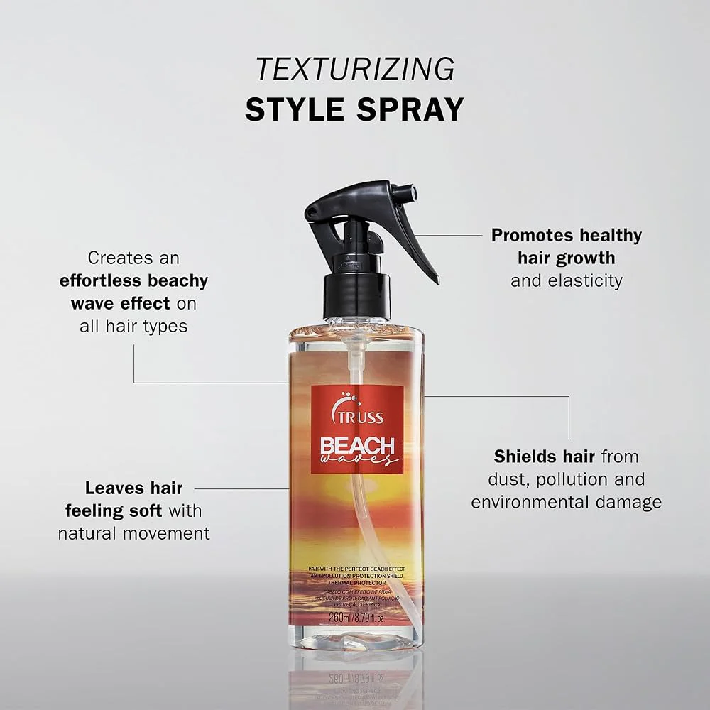 Frasco Spray Capilar Truss Beach Waves 260ml com rótulo de praia